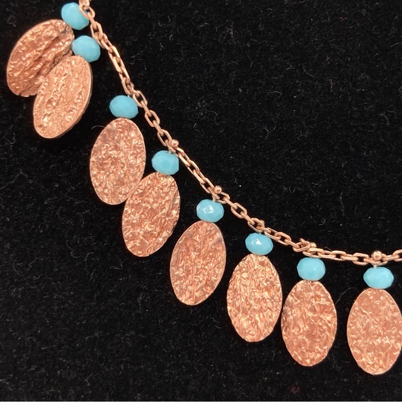 Rose Gold Tone Botanical Themed Necklace with Turquoise Colored Faceted Beads - Picture 3 of 7